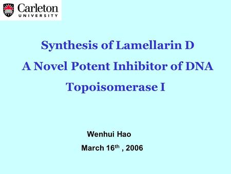 Synthesis of Lamellarin D A Novel Potent Inhibitor of DNA Topoisomerase I Wenhui Hao March 16 th, 2006.