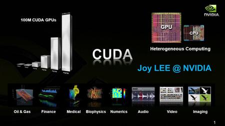 1 100M CUDA GPUs Oil & GasFinanceMedicalBiophysicsNumericsAudioVideoImaging Heterogeneous Computing CPUCPU GPUGPU Joy NVIDIA.