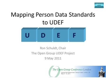 Mapping Person Data Standards to UDEF Ron Schuldt, Chair The Open Group UDEF Project 9 May 2011 U U D D E E F F.