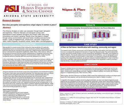 Stigma & Place Zaher Sbai Reggie Carillo Arlis Jenkins Monica Trejo Abstract The influence of stigma on place was evaluated, through locals’ perception.