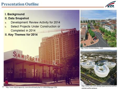 0 Presentation Outline I. Background II. Data Snapshot a. Development Review Activity for 2014 b. Select Projects Under Construction or Completed in 2014.