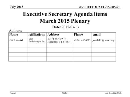 Report doc.: IEEE 802 EC-15-0056r0 July 2015 Slide 1Jon Rosdahl, CSRSlide 1 Executive Secretary Agenda items March 2015 Plenary Date: 2015-03-13 Authors: