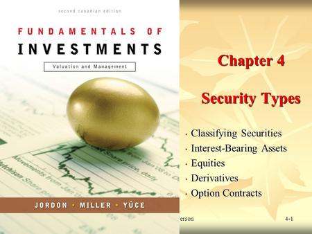 © 2009 McGraw-Hill Ryerson Limited 4-1 Chapter 4 Security Types Classifying Securities Classifying Securities Interest-Bearing Assets Interest-Bearing.