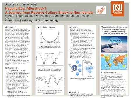 V v Happily Ever Aftershock? A Journey from Reverse Culture Shock to New Identity Author: Elaine Capella: Anthropology, International Studies, French Minor.