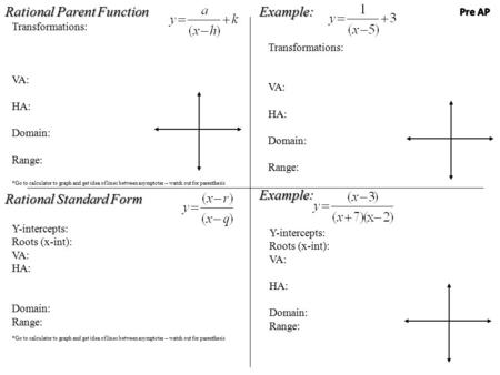 Rational Parent Function Rational Standard Form Example:Example: Transformations: VA: HA: Domain: Range: Y-intercepts: Roots (x-int): VA: HA: Domain: Range: