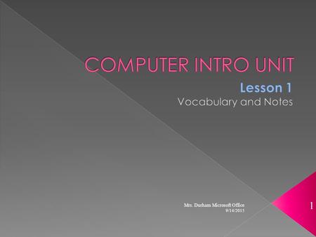 9/14/2015 Mrs. Durham Microsoft Office 1.  What is Microsoft Office?  What new vocabulary will help me?  How do I “get started”?  Network vs. Workstation.