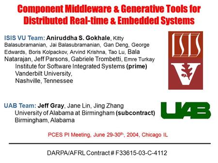 ISIS VU Team: Aniruddha S. Gokhale, Kitty Balasubramanian, Jai Balasubramanian, Gan Deng, George Edwards, Boris Kolpackov, Arvind Krishna, Tao Lu, Bala.