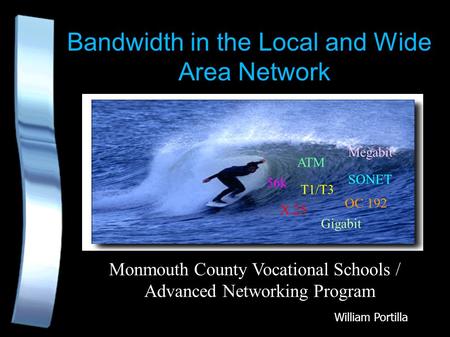 Bandwidth in the Local and Wide Area Network Monmouth County Vocational Schools / Advanced Networking Program X.25 ATM 56k SONET T1/T3 OC 192 Gigabit Megabit.