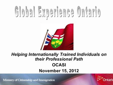 Helping Internationally Trained Individuals on their Professional Path OCASI November 15, 2012.