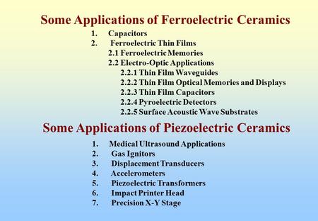 Some Applications of Ferroelectric Ceramics 1.Capacitors 2. Ferroelectric Thin Films 2.1 Ferroelectric Memories 2.2 Electro-Optic Applications 2.2.1 Thin.