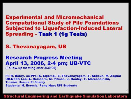 Structural Engineering and Earthquake Simulation Laboratory 1 Task 1 (1g Tests) Experimental and Micromechanical Computational Study of Pile Foundations.