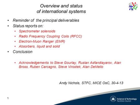 Overview and status of international systems Reminder of the principal deliverables Status reports on: Spectrometer solenoids Radio Frequency Coupling.