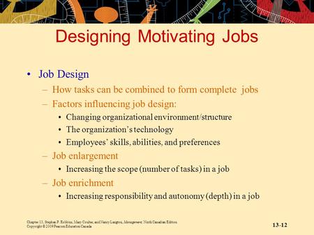 Chapter 13, Stephen P. Robbins, Mary Coulter, and Nancy Langton, Management, Ninth Canadian Edition Copyright © 2009 Pearson Education Canada 13-12 Designing.