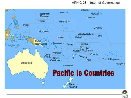 APNIC 26 – Internet Governance. Typical Access for Small Island Countries Satellite Technology used extensively Inter-island and overseas communication.