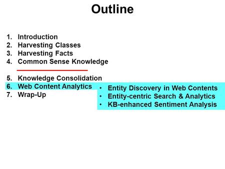 Outline 1.Introduction 2.Harvesting Classes 3.Harvesting Facts 4.Common Sense Knowledge 5.Knowledge Consolidation 6.Web Content Analytics 7.Wrap-Up Entity.