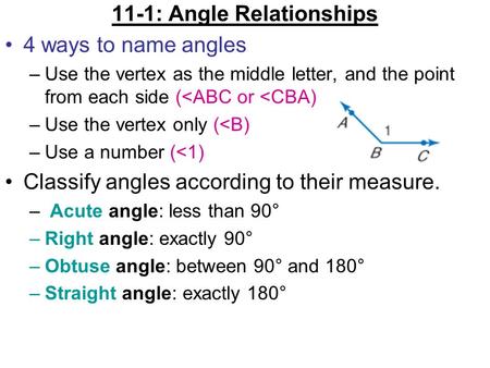 11-1: Angle Relationships 4 ways to name angles –Use the vertex as the middle letter, and the point from each side (