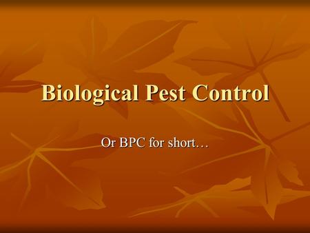 Biological Pest Control Or BPC for short…. Biological Pest Control--BPC What is it? Biological Pest Control is a way of controlling pests and diseases.