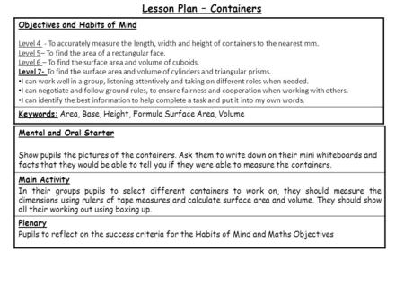 Lesson Plan – Containers