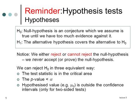 Lecture 9 1 Reminder:Hypothesis tests Hypotheses H 0 : Null-hypothesis is an conjecture which we assume is true until we have too much evidence against.