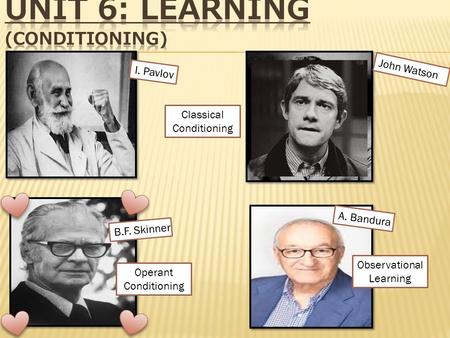 I. Pavlov John Watson Classical Conditioning B.F. Skinner A. Bandura Operant Conditioning Observational Learning.