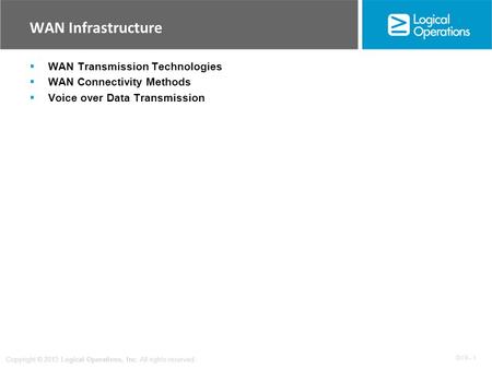 OV 9 - 1 Copyright © 2013 Logical Operations, Inc. All rights reserved. WAN Infrastructure  WAN Transmission Technologies  WAN Connectivity Methods 