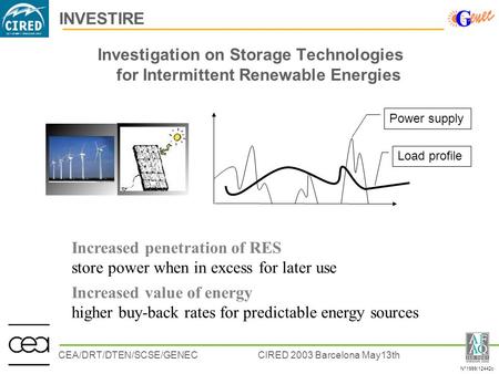 CEA/DRT/DTEN/SCSE/GENECCIRED 2003 Barcelona May13th N°1999/12442c INVESTIRE Investigation on Storage Technologies for Intermittent Renewable Energies Power.