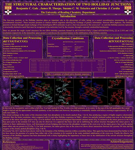 THE STRUCTURAL CHARACTERISATION OF TWO HOLLIDAY JUNCTIONS Benjamin C. Gale, James H. Thorpe, Susana C. M. Teixeira and Christine J. Cardin The University.