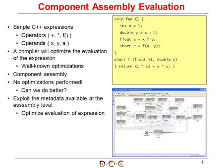 1 Component Assembly Evaluation Simple C++ expressions Operators ( +, *, f() ) Operands ( x, y, a ) A compiler will optimize the evaluation of the expression.