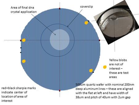 500um quartz wafer with nominal 200nm deep aluminum lines – these are aligned with the flat at left and have width of 38um and pitch of 40um with 2um gap.