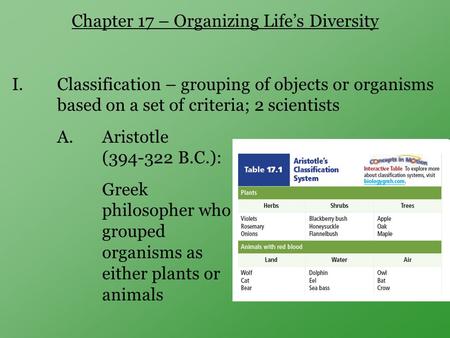 Chapter 17 – Organizing Life’s Diversity I.Classification – grouping of objects or organisms based on a set of criteria; 2 scientists A. Aristotle (394-322.