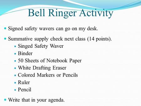 Bell Ringer Activity Signed safety wavers can go on my desk. Summative supply check next class (14 points). Singed Safety Waver Binder 50 Sheets of Notebook.