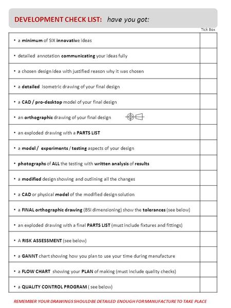 DEVELOPMENT CHECK LIST: have you got: a minimum of SIX innovative ideas detailed annotation communicating your ideas fully a chosen design idea with justified.