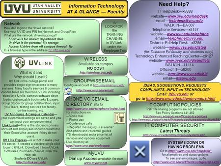 Information Technology AT A GLANCE ― Faculty Need Help? IT HelpDesk—x8888 website—www.uvu.edu/helpdeskwww.uvu.edu/helpdesk