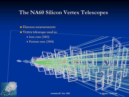 Jornadas LIP, Dez. 2005 P. Martins - CFTP-IST The NA60 Silicon Vertex Telescopes Dimuon measurements Dimuon measurements Vertex telescope used in: Vertex.