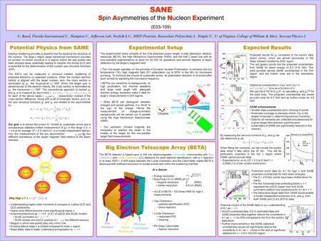 Big Electron Telescope Array (BETA) Experimental Setup Expected Results Potential Physics from SANE Electron scattering provides a powerful tool for studying.