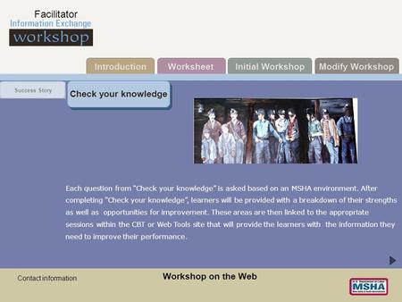 Contact information Modify WorkshopIntroductionInitial WorkshopWorksheet What’s Inside Facilitator Check your knowledge Workshop on the Web Check your.