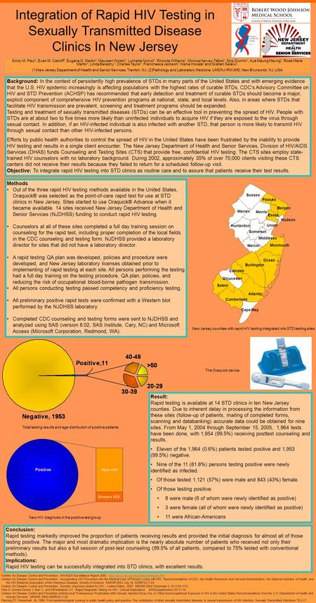 Integration of Rapid HIV Testing in Sexually Transmitted Disease Clinics In New Jersey Sindy M. Paul 1, Evan M. Cadoff 2, Eugene G. Martin 2, Maureen Wolski.