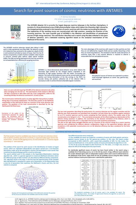 Search for point sources of cosmic neutrinos with ANTARES J. P. Gómez-González IFIC (CSIC-Universitat de València)   The ANTARES.