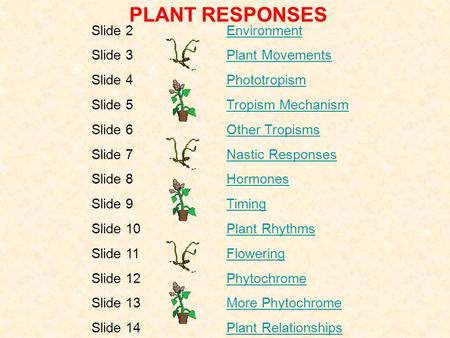 Slide 2EnvironmentEnvironment Slide 3Plant MovementsPlant Movements Slide 4PhototropismPhototropism Slide 5Tropism MechanismTropism Mechanism Slide 6Other.