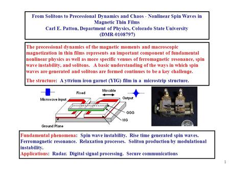 1 From Solitons to Precessional Dynamics and Chaos - Nonlinear Spin Waves in Magnetic Thin Films Carl E. Patton, Department of Physics, Colorado State.