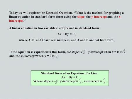 Today we will explore the Essential Question, “What is the method for graphing a linear equation in standard form form using the slope. the y-intercept.