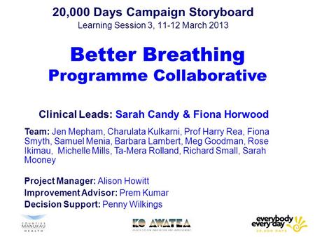 20,000 Days Campaign Storyboard Learning Session 3, 11-12 March 2013 Better Breathing Programme Collaborative Clinical Leads: Sarah Candy & Fiona Horwood.