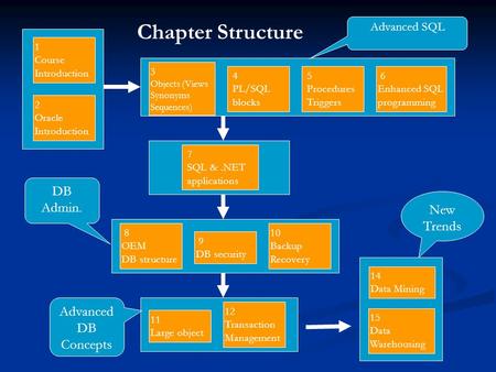 3 Objects (Views Synonyms Sequences) 4 PL/SQL blocks 5 Procedures Triggers 6 Enhanced SQL programming 7 SQL &.NET applications 8 OEM DB structure 9 DB.