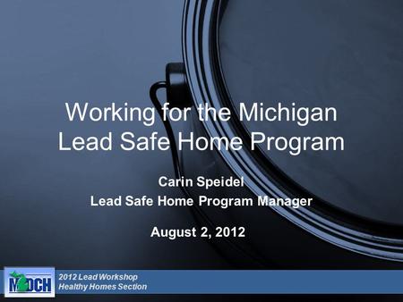 2012 Lead Workshop Healthy Homes Section August 2, 2012 Working for the Michigan Lead Safe Home Program Carin Speidel Lead Safe Home Program Manager.