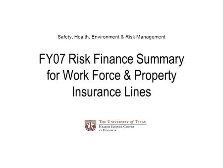 Safety, Health, Environment & Risk Management FY07 Risk Finance Summary for Work Force & Property Insurance Lines.