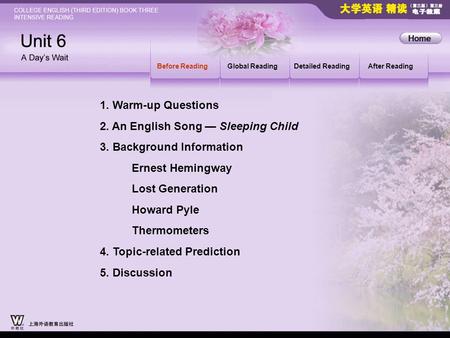 Before Reading_main Before ReadingGlobal ReadingDetailed ReadingAfter Reading 1. Warm-up Questions 2. An English Song — Sleeping Child 3. Background Information.