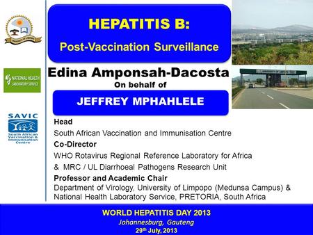 WORLD HEPATITIS DAY 2013 Johannesburg, Gauteng 29 th July, 2013 WORLD HEPATITIS DAY 2013 Johannesburg, Gauteng 29 th July, 2013 HEPATITIS B: Post-Vaccination.