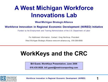 Workforce Innovation in Regional Economic Development (WIRED) 1 A West Michigan Workforce Innovations Lab West Michigan Strategic Alliance Workforce Innovation.