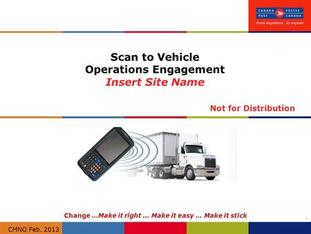 1 CMNO Feb. 2013 Change …Make it right … Make it easy … Make it stick Scan to Vehicle Operations Engagement Insert Site Name CMNO Feb. 2013 Not for Distribution.