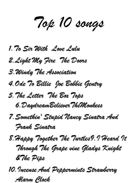 Top 10 songs 1.To Sir With Love Lulu 2.Light My Fire The Doors 3.Windy The Association 4.Ode To Billie Joe Bobbie Gentry 5.The Letter The Box Tops 6.DaydreamBelieverTheMonkees.